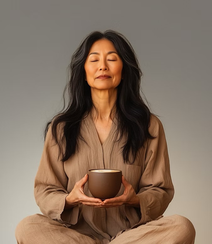 Woman with long dark hair sits cross-legged, eyes closed, holding a large cup with both hands. She wears loose tan clothing and appears calm against a plain background. - Two Dog Yoga